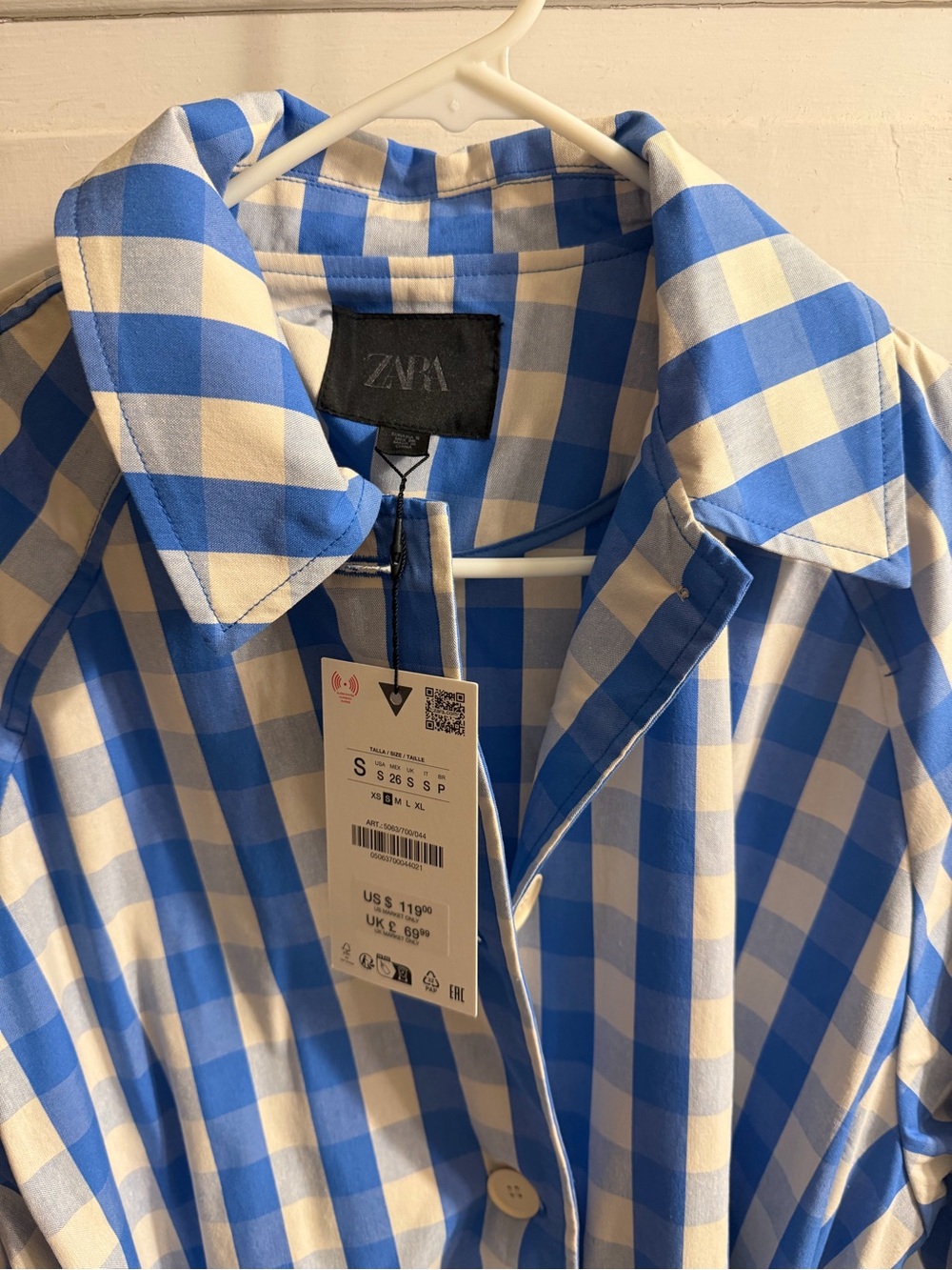 Zara Blue and White Gingham Trench Coat - Picture 2 of 3